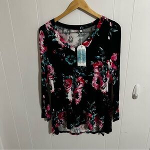Awuliffan Black and Pink Floral Tunic Blouse